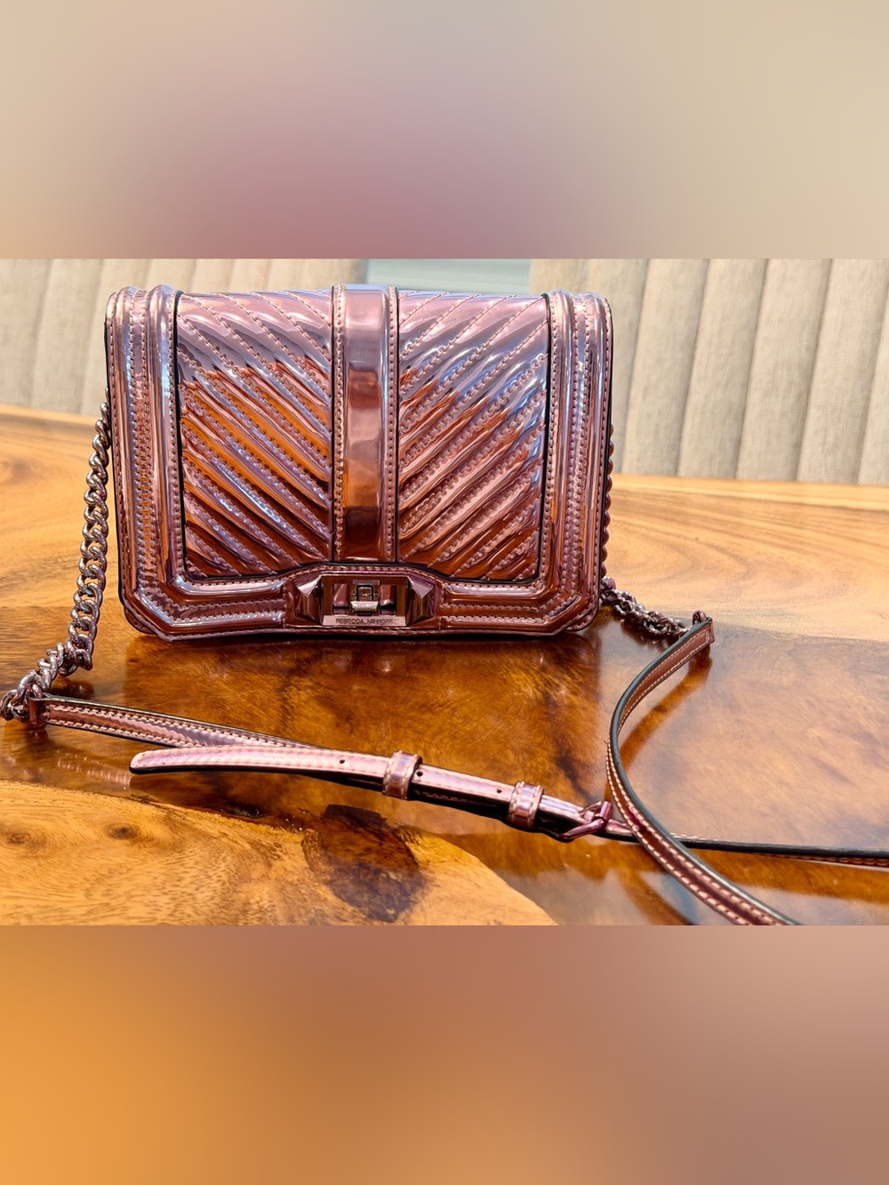 Rebecca Minkoff Chevron Quilted Love Crossbody Metallic Rose Gold Finish GUC - Picture 17 of 17